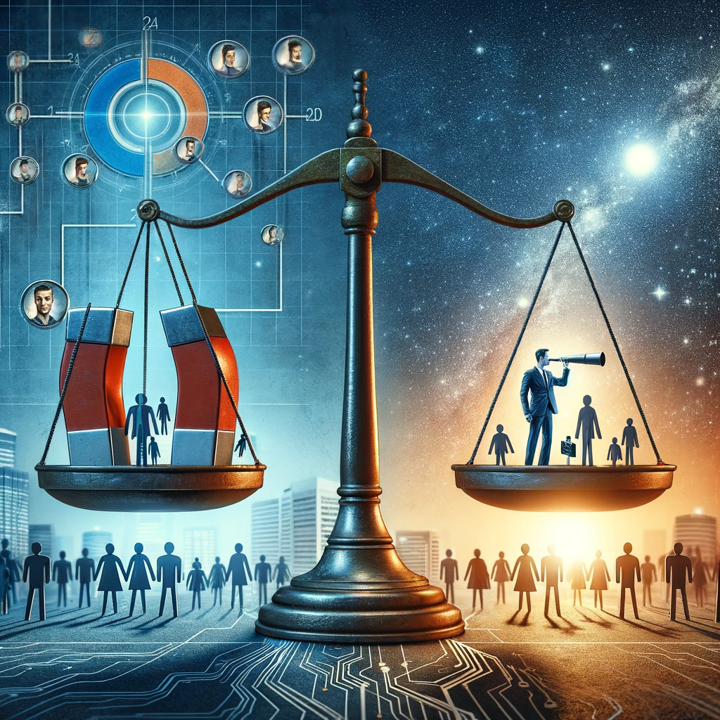 An artistic representation of scales balancing lead generation and prospecting strategies, with figures representing business professionals and digital networks against a backdrop of a cityscape and cosmic elements