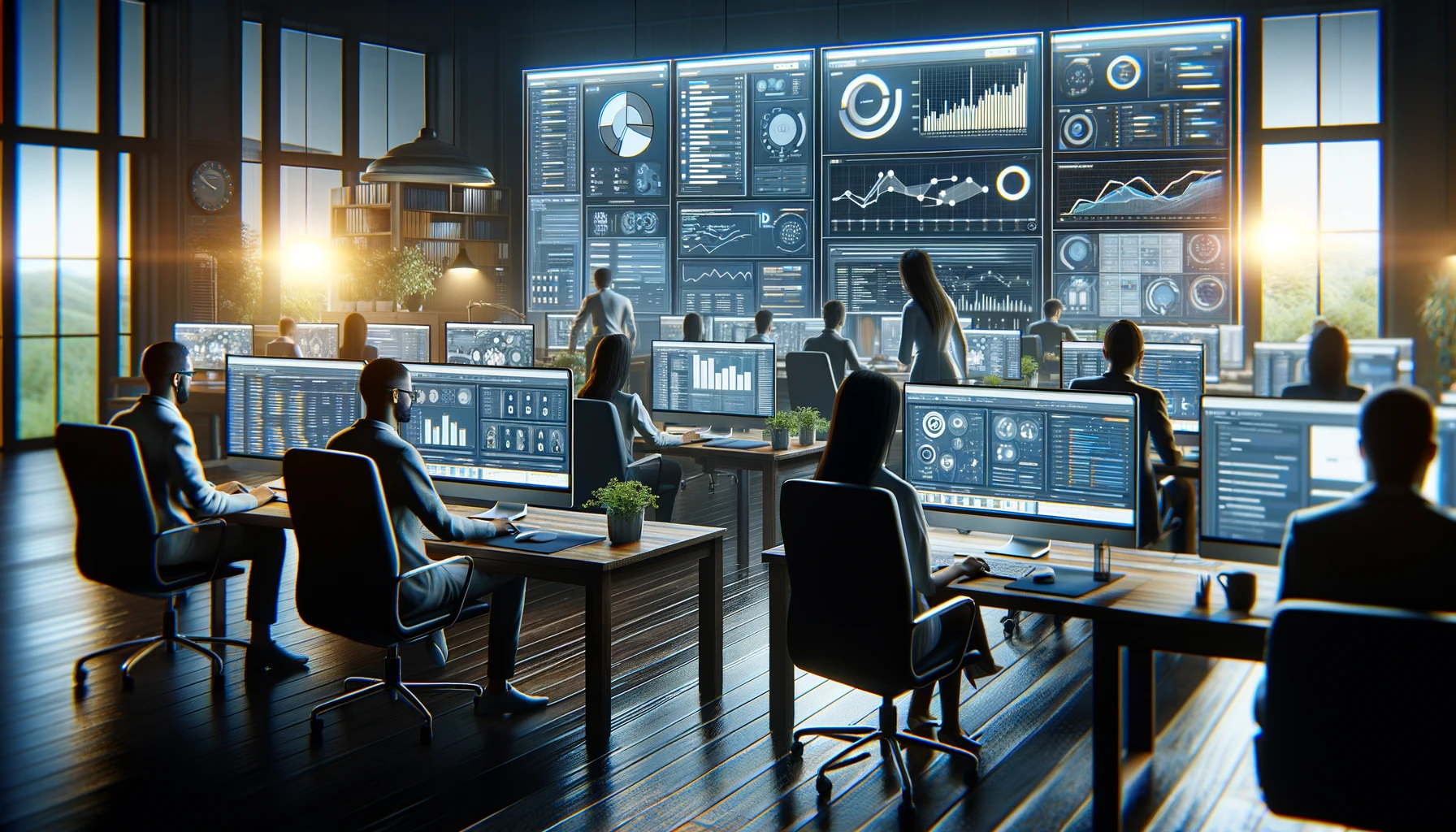 eam of digital marketers and web developers strategizing over high-converting web pages in a high-tech control room filled with data-driven dashboards.